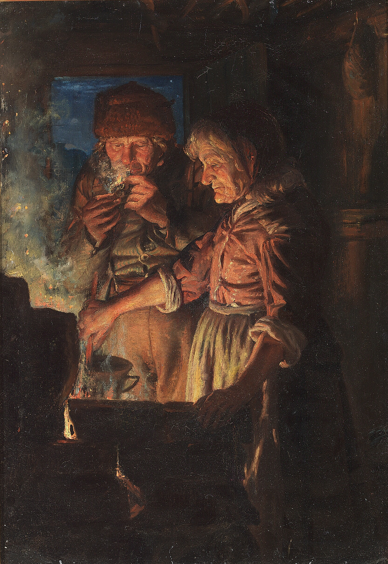 לארס גאיהדה ואשתו ליד האח, סטיפי בוחשת בסיר. - מייקל פיטר אנכר