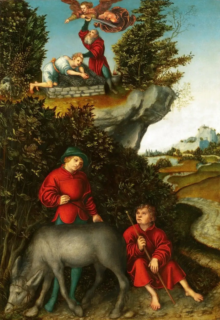 Le sacrifice d’Abraham: Un ange empêche Abraham de sacrifier Isaac ; les serviteurs attendent au pied de la montagne