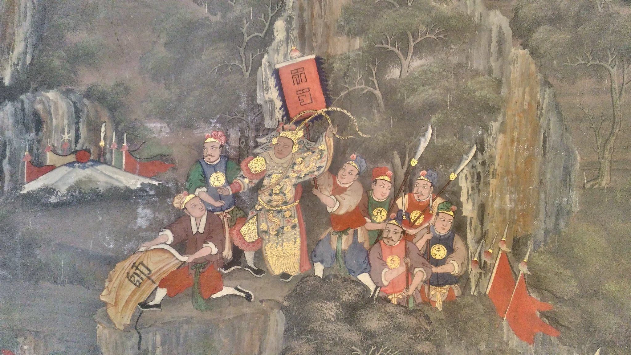 Les Trois Royaumes, panneau 1 de Wat Bowonniwet, Ateliers de Wat Bowonniwet, XIXe siècle
