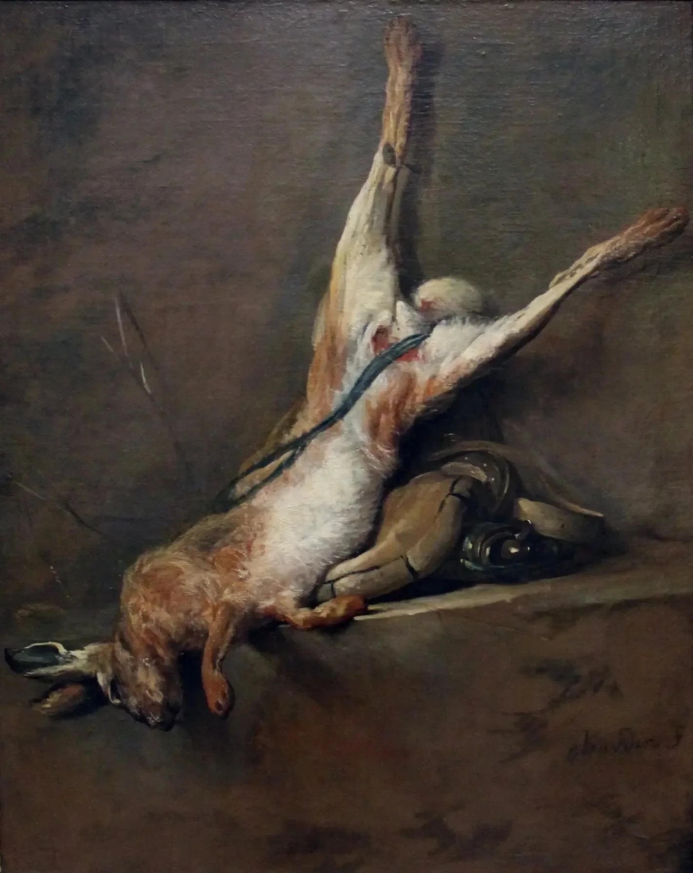 Lièvre mort avec poire à poudre et gibecière - Jean Siméon Chardin image 1 reproduction artisanale de tableau