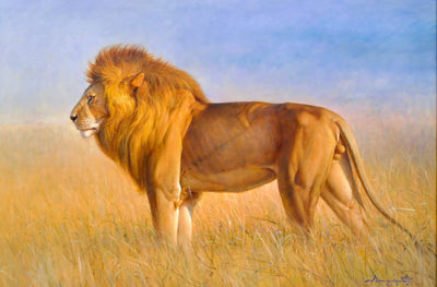 Lion dans la savane | 150 x 100 cm Reproductions de tableaux à la peinture à l’huile