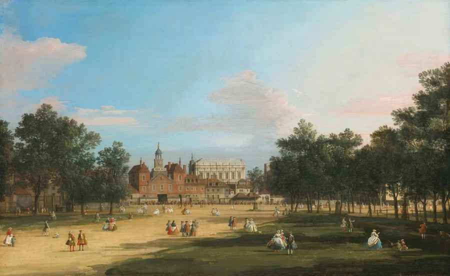 לונדון: המבנה הישן של Horse Guards ו-Banqueting Hall, מ-St James's Park - Canaletto