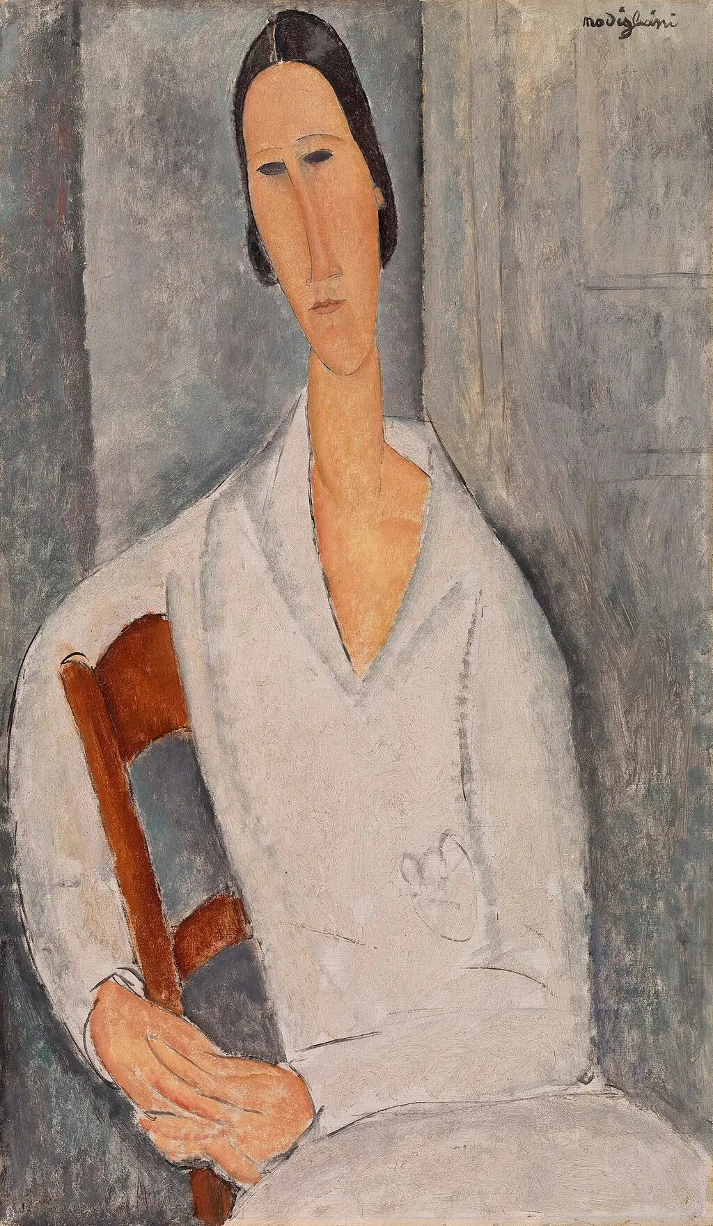 Reproduction du tableau « Madame Hanka Zborowska accoudée à une chaise - Amedeo Modigliani » par Alpha Reproduction en peinture à l’huile
