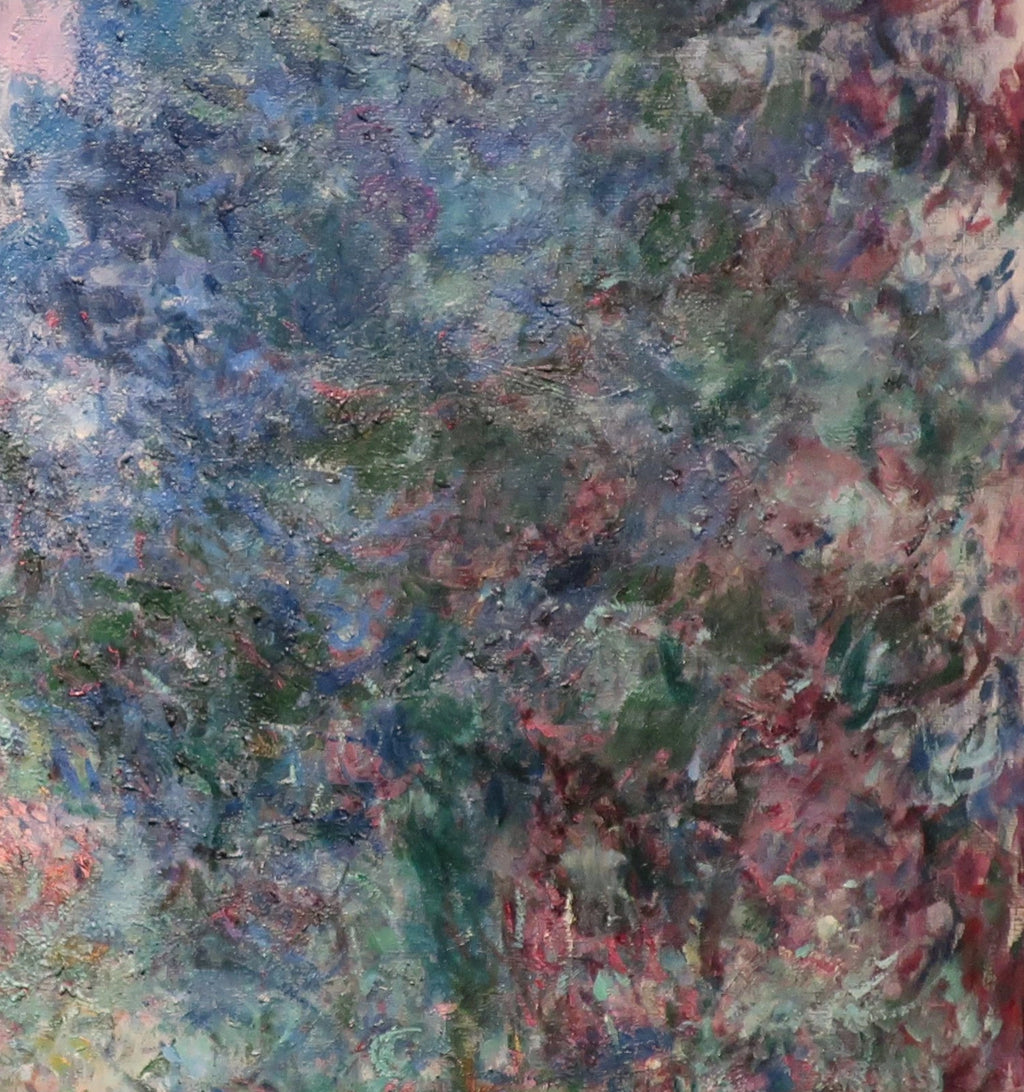 Détail des masses de feuillage bleu, vert et mauve du jardin aux roses