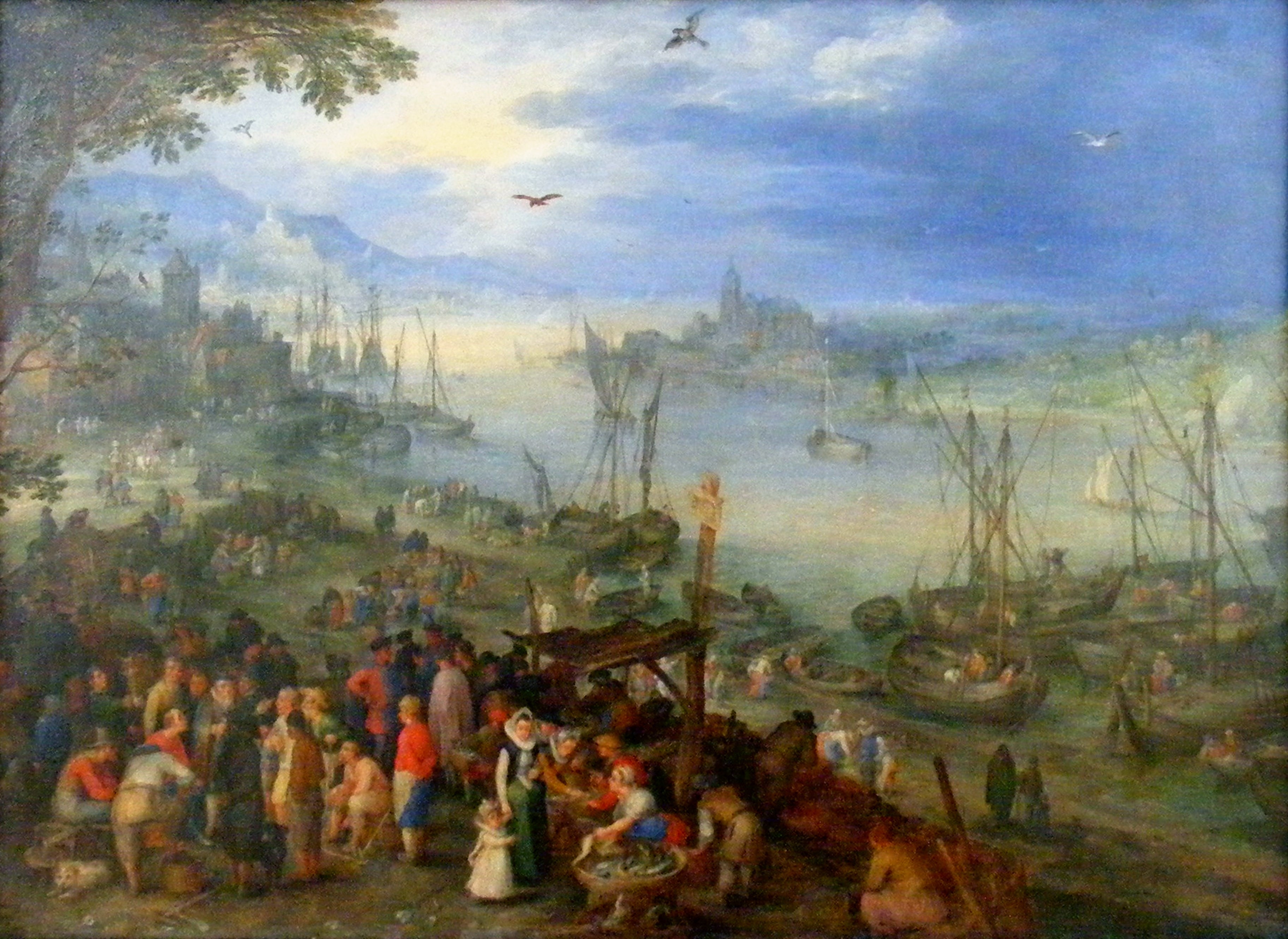 Marché de poissons sur les rives d'une rivière - Jan Brueghel l'Ancien image 1 reproduction d’œuvre d’art à l’huile