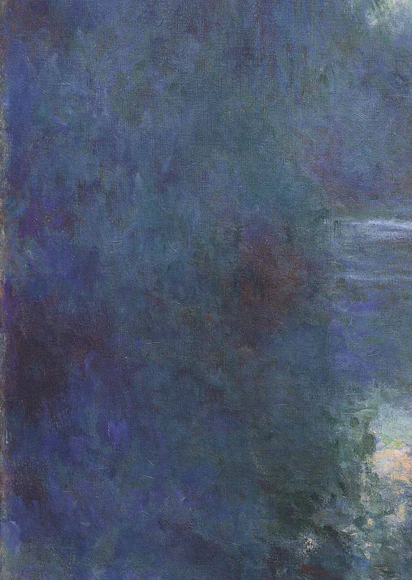 Détail de la rive bleu-vert et de la signature dans Matinée sur la Seine W1484