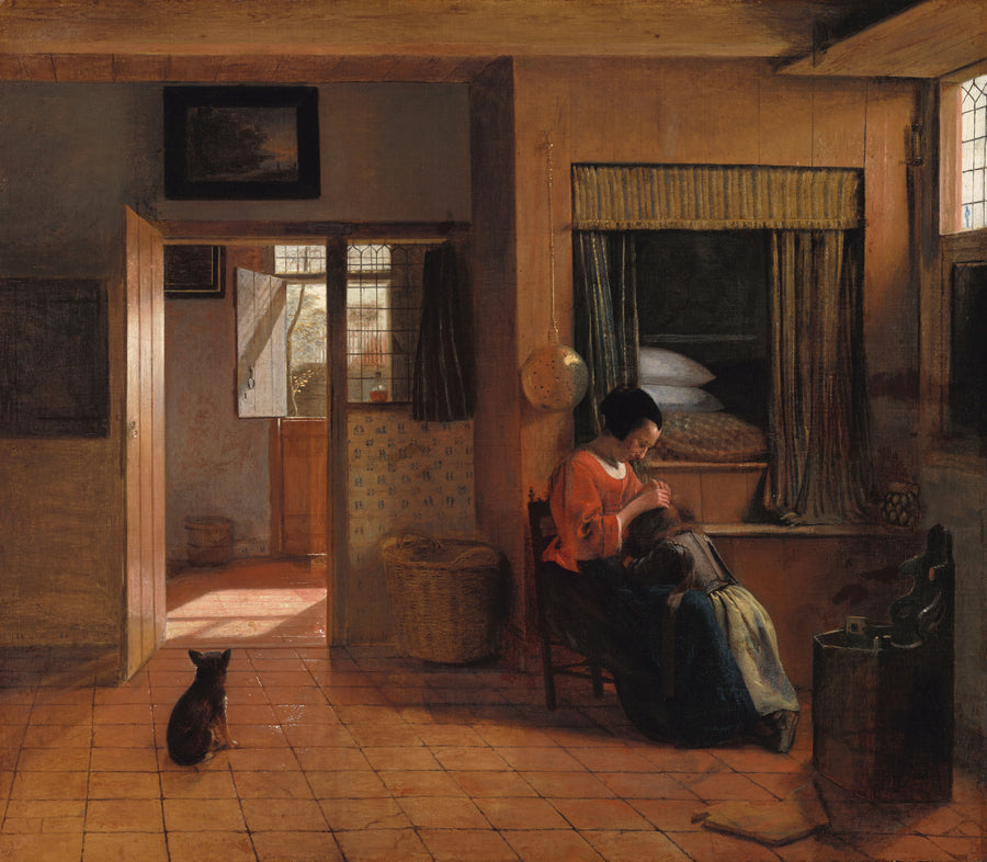 Une mère nettoyant les cheveux de son enfant, connue sous le nom de « tâche de la mère » - Pieter de Hooch
