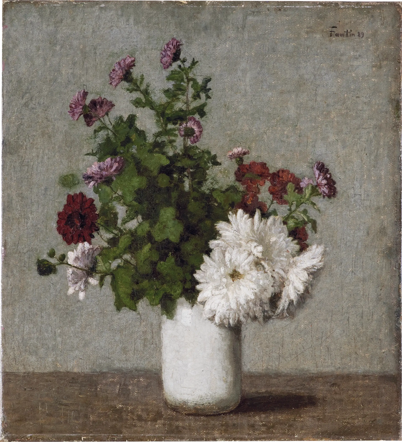 טבע דומם עם פרחים: ח chrysanthemums סתיו בתוך אגרטל לבן - הנרי פנטין-לטור