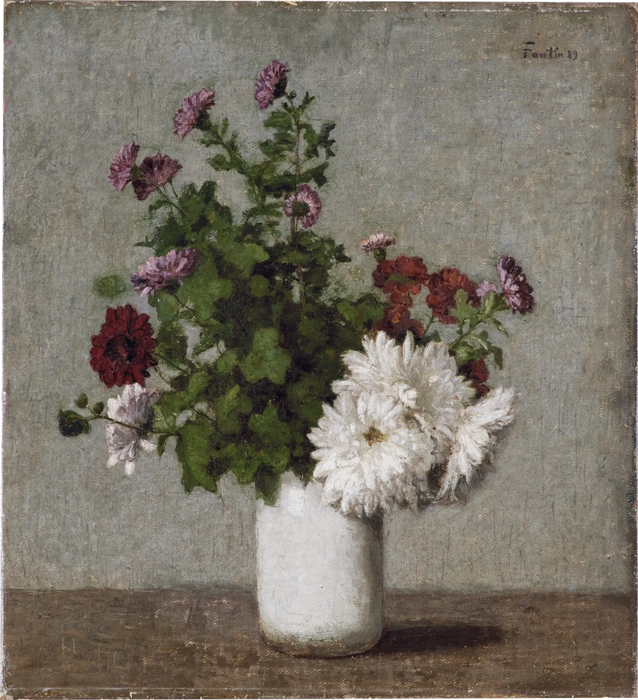 טבע דומם עם פרחים: ח chrysanthemums סתיו בתוך אגרטל לבן - הנרי פנטין-לטור
