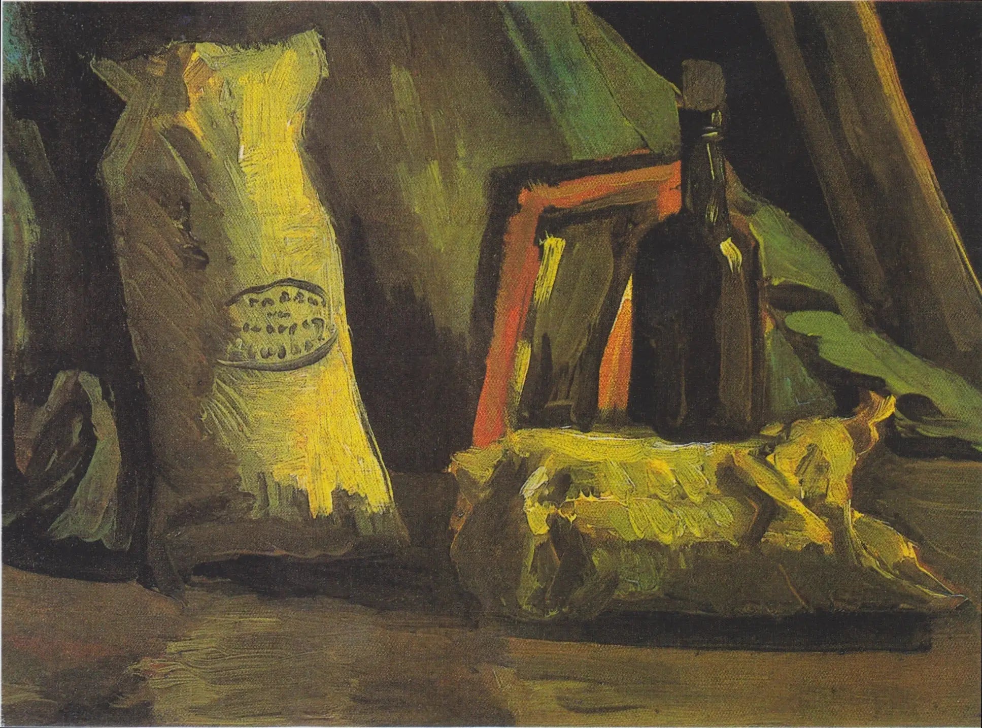 Reproduction du tableau « Nature morte avec deux sacs et une bouteille - Vincent van Gogh » par Alpha Reproduction en peinture à l’huile