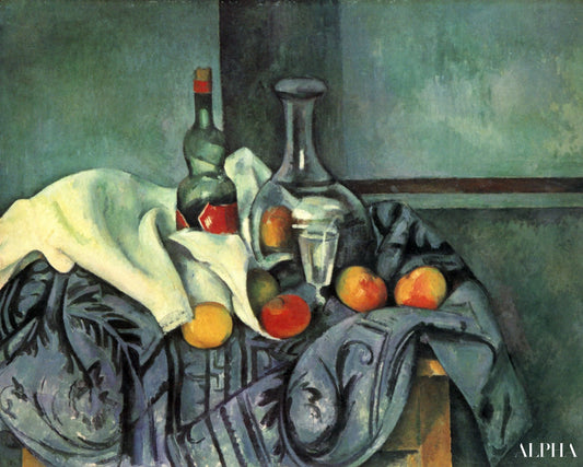 Nature morte avec pêches et bouteilles - Paul Cézanne - Reproductions de tableaux et peintures haut de gamme