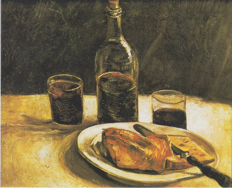 טבע דומם עם בקבוק, שני כוסות, גבינה ולחם - Vincent van Gogh