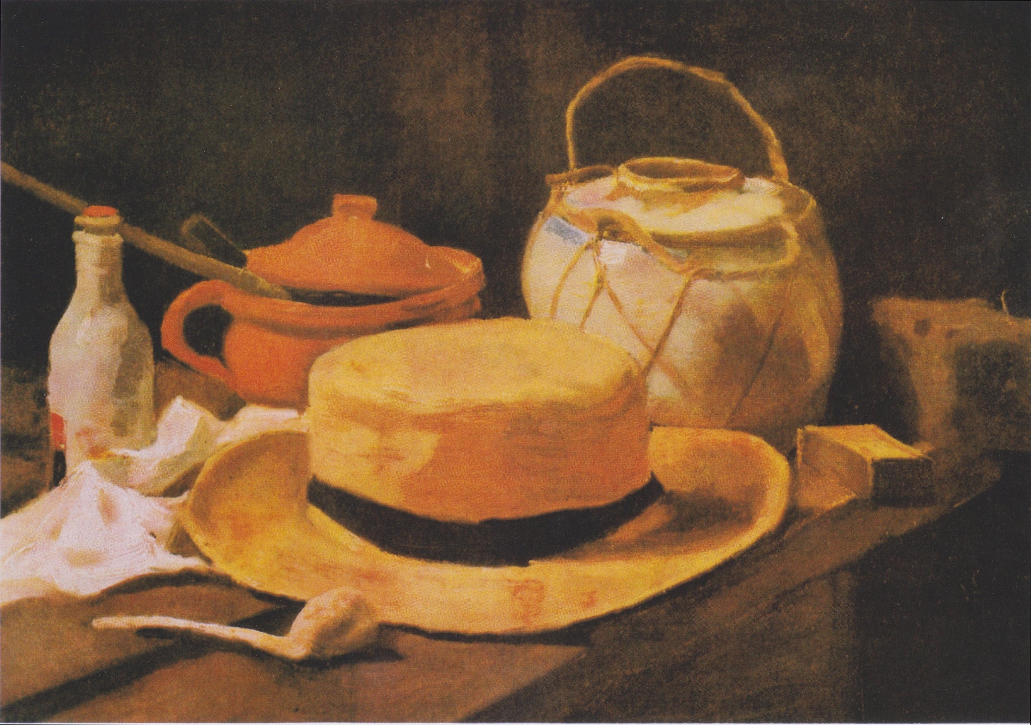 Nature morte au chapeau de paille F62 — chapeau, pipe, pot, bouteille et linge peints par Vincent van Gogh