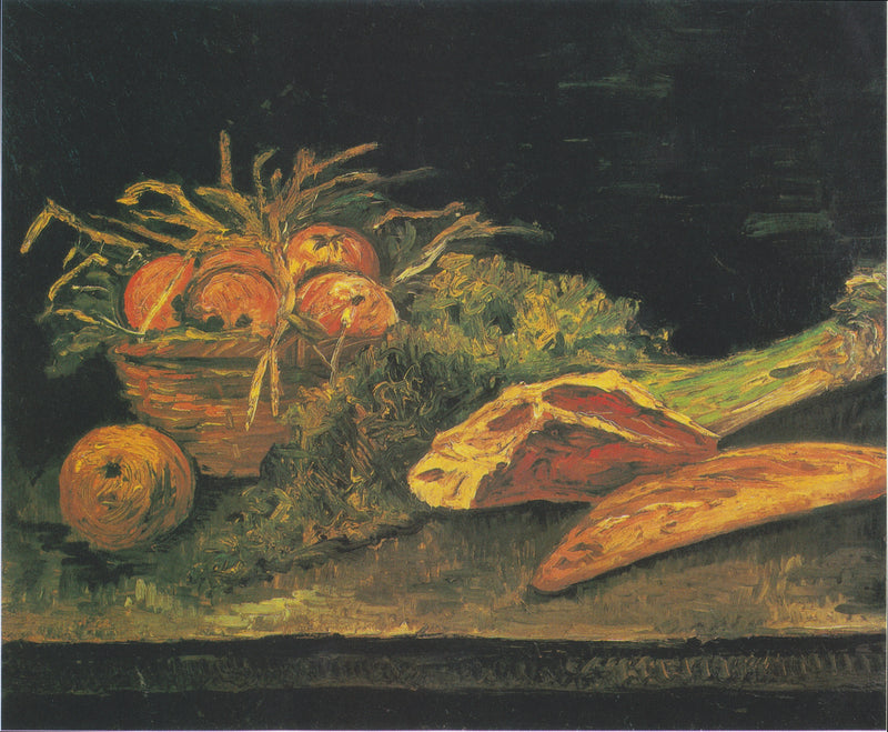 טבע דומם עם סל תפוחים, בשר ולחמניות - Vincent van Gogh