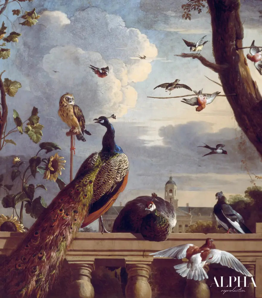 Oiseaux près d'une balustrade - Melchior d'Hondecoeter - Reproductions de tableaux et peintures haut de gamme