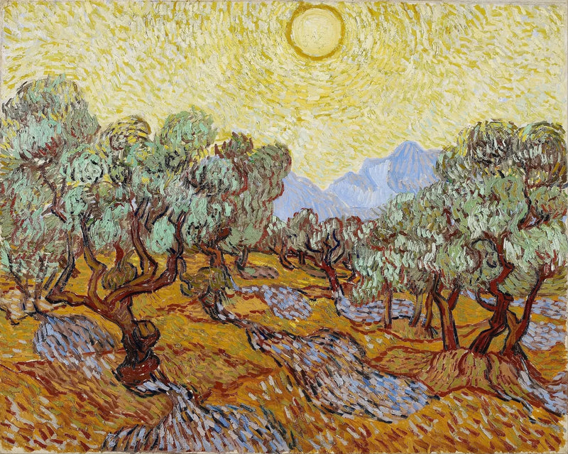 עצי זית עם שמיים צהובים ושמש - Vincent van Gogh