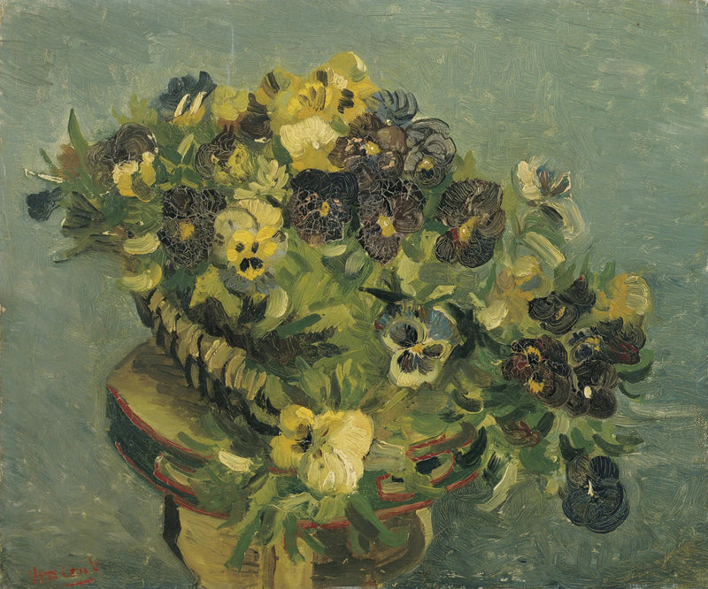סל של פרחי סיגלון על שולחן קטן - Vincent van Gogh