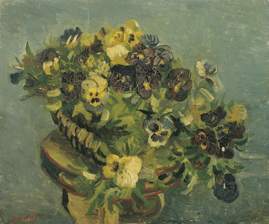 סל של פרחי סיגלון על שולחן קטן - Vincent van Gogh