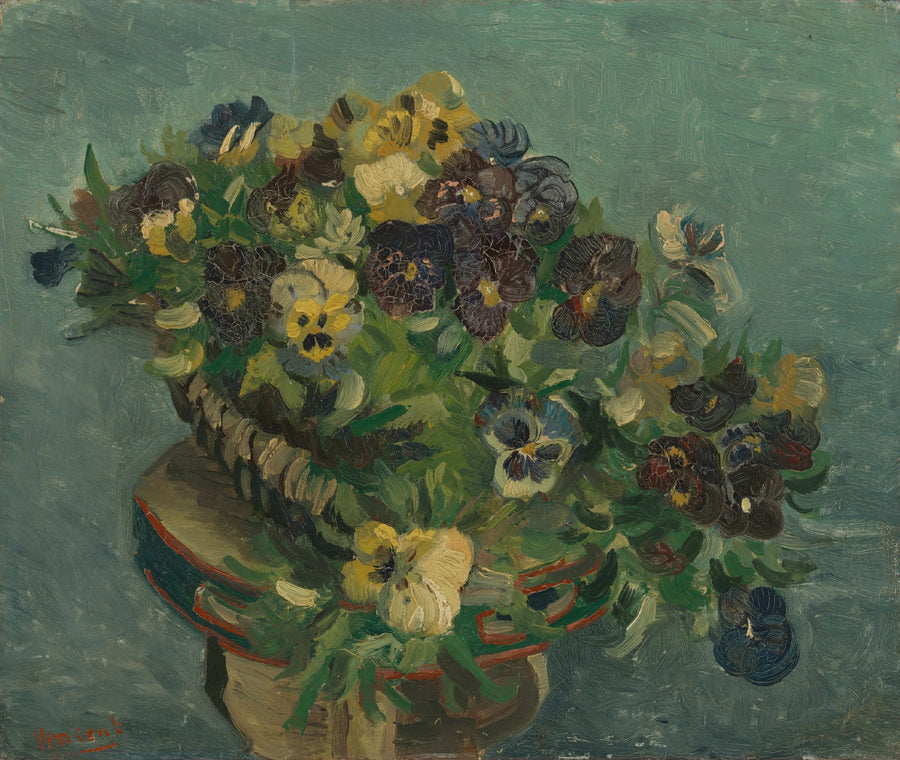 סל של פרחי סיגלון על שולחן קטן - Vincent van Gogh