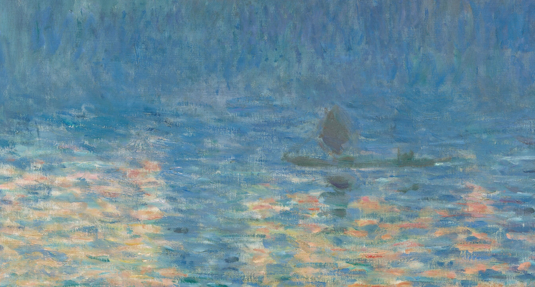 Détail de la barque et des reflets rose, orange et bleu sur la Tamise