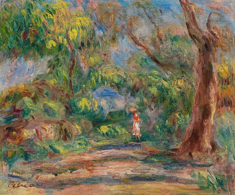 נוף, שביל חווה עם אישה באדום ולבן - פייר-אוגוסט רנואר