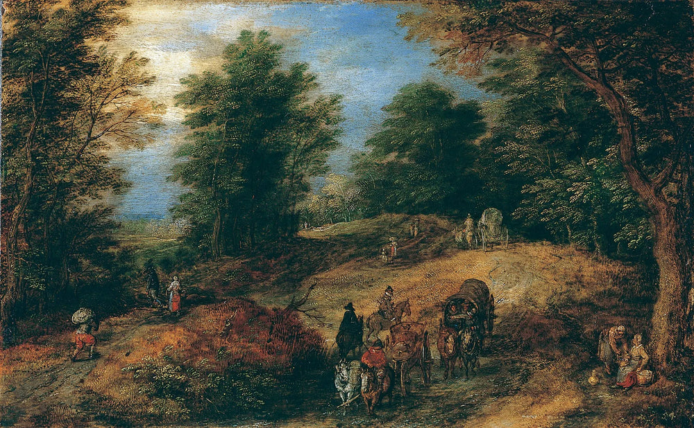 Paysage avec des voyageurs sur un chemin forestier - Jan Brueghel l'Ancien image 1 reproduction de peinture à l’huile
