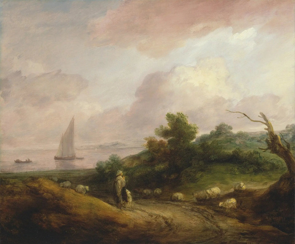 Paysage côtier avec un berger et son troupeau - Thomas Gainsborough image 1 reproduction artisanale de tableau