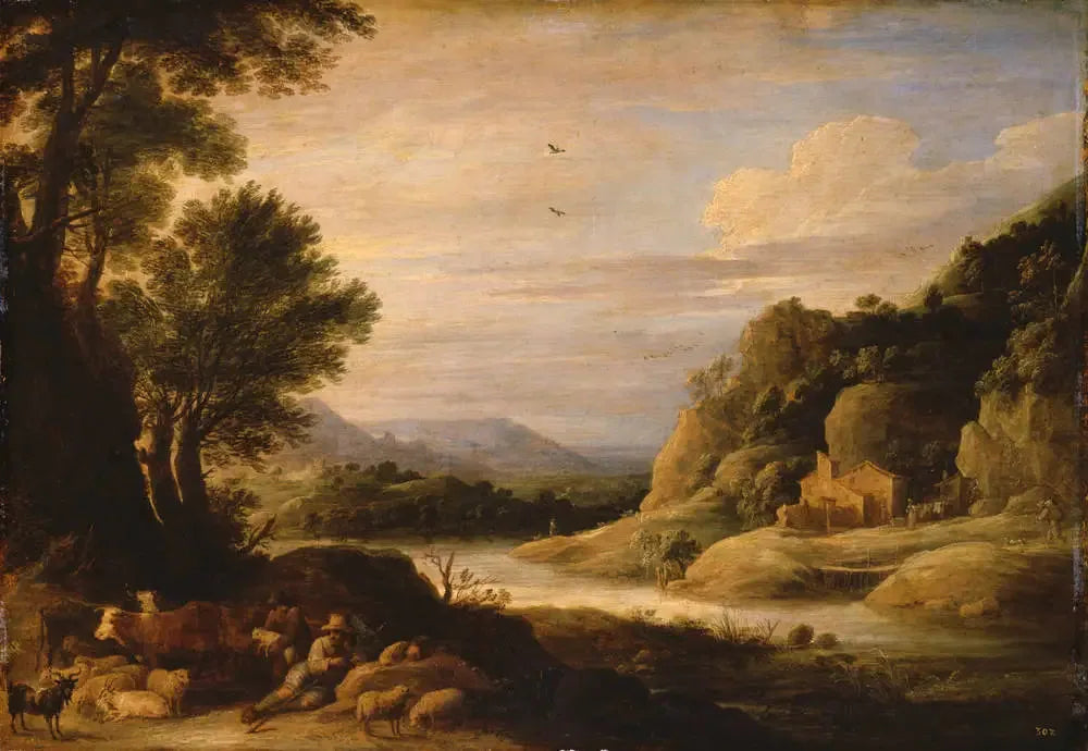 Paysage fluvial avec bergers et troupeaux au repos - David Teniers le Jeune image 1 reproduction artisanale de tableau