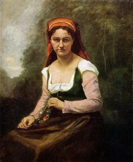 Paysanne assise dans la verdure tenant une guirlande de fleurs - Jean-Baptiste Camille Corot - Alpha Reproduction