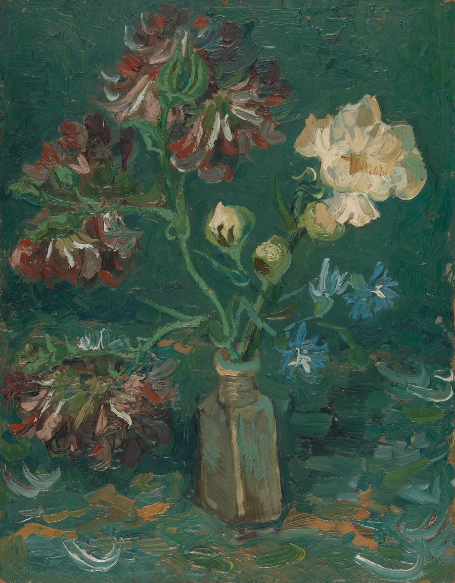 בקבוק קטן עם פיונים ודלפיניום כחולים - Vincent van Gogh