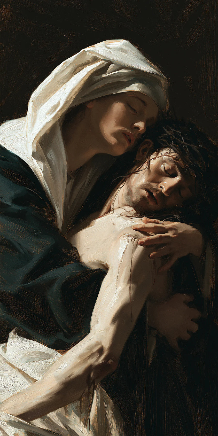 Pietà classique verticale rapprochée avec Marie voilée et le Christ en gris bleu et blanc