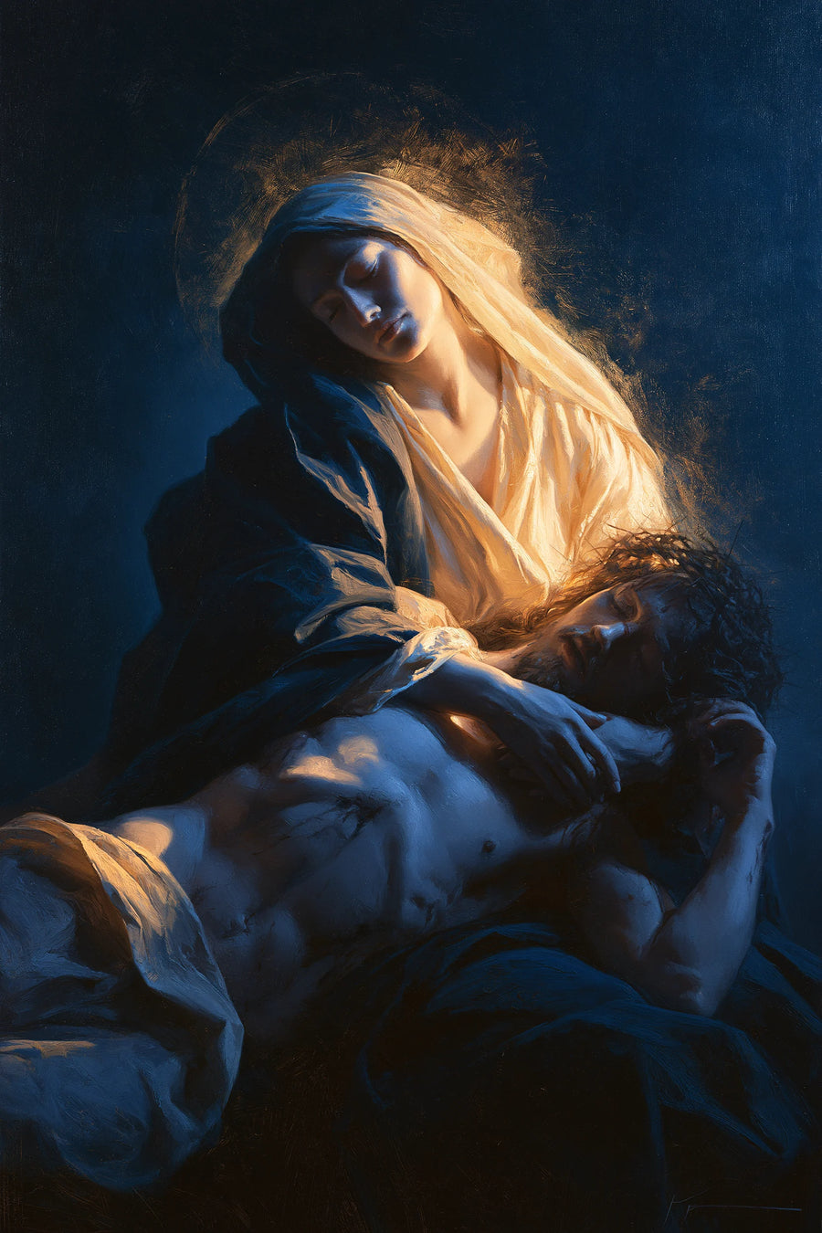 Pietà verticale intime en bleu profond noir et or