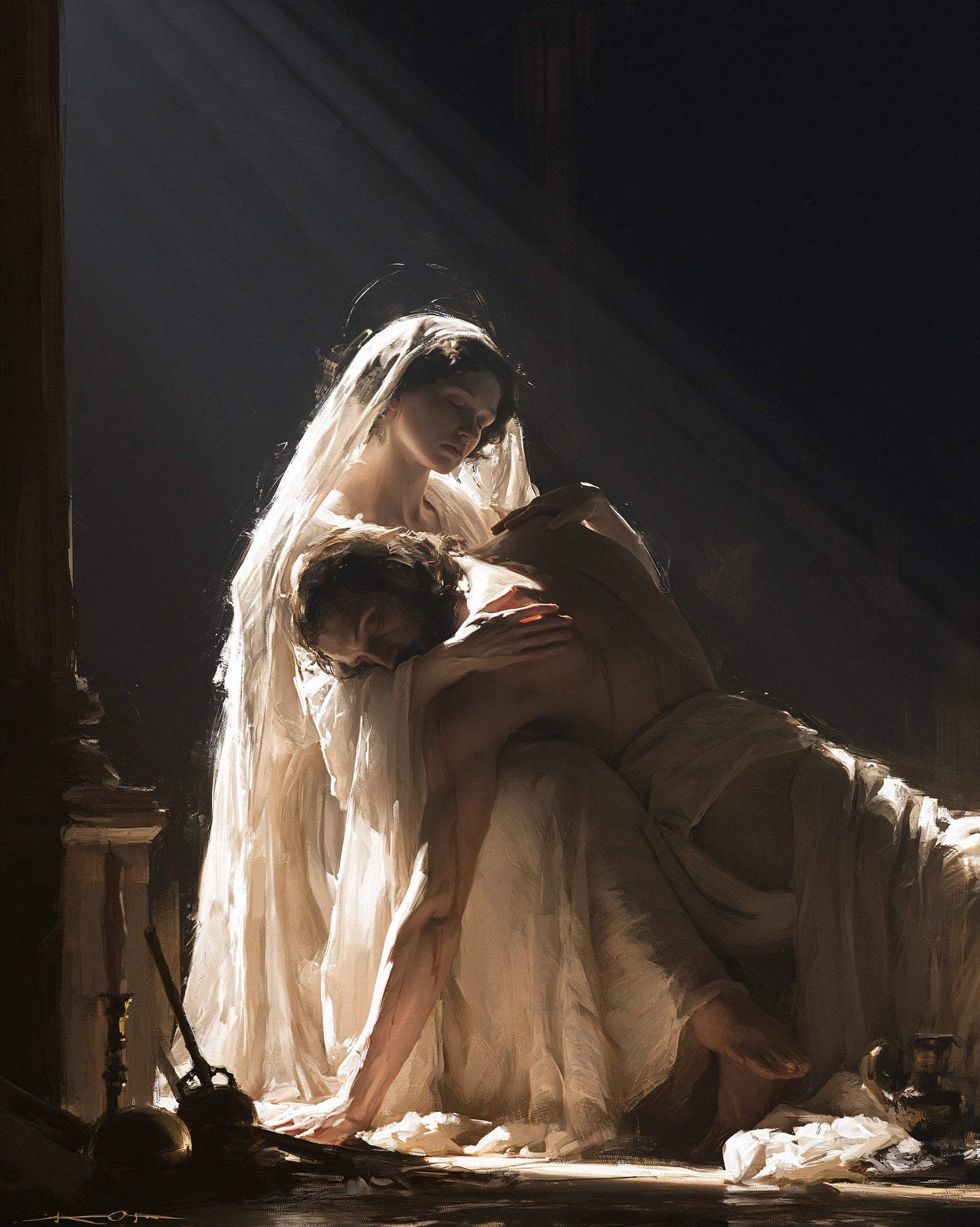 Pietà verticale sous un projecteur et drapés blancs — Peinture à l’huile sur commande