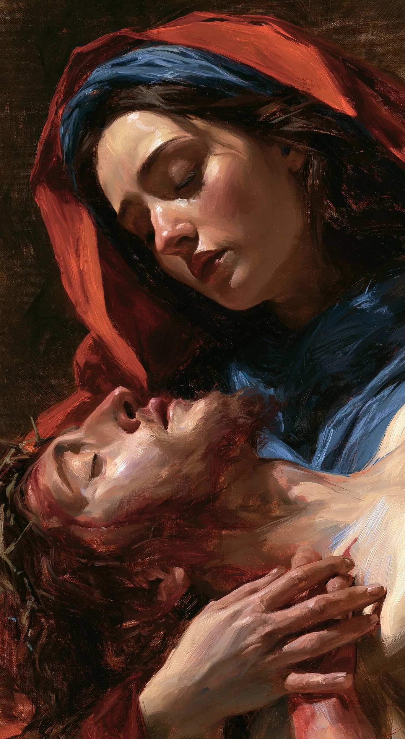 Pietà verticale rapprochée en rouge et bleu — Peinture à l’huile sur commande