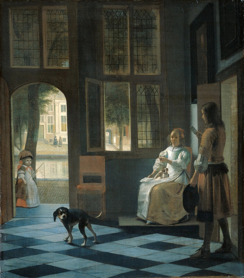 Un homme remettant une lettre à une femme dans l'entrée d'une maison - Pieter de Hooch