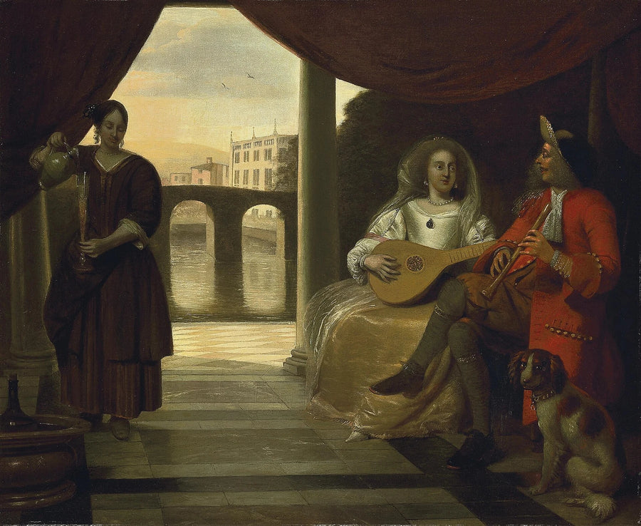 Couple élégant jouer de la musique sur une terrasse, avec une servante, peinture de Pieter de Hooch