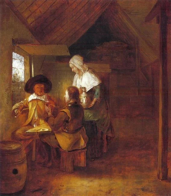 Deux soldats avec une femme, peinture de Pieter de Hooch