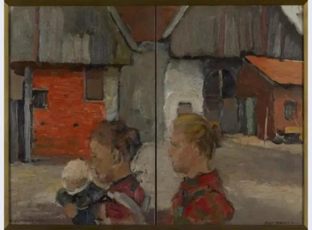 Reproduction du tableau « Pignons arrière de bâtiments agricoles avec personnages - Piet Mondrian » par Alpha Reproduction en peinture à l’huile