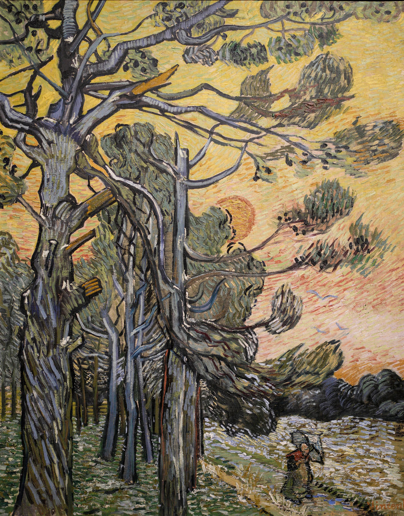 סיכות מול שמיים אדומים עם שמש שוקעת - Vincent van Gogh