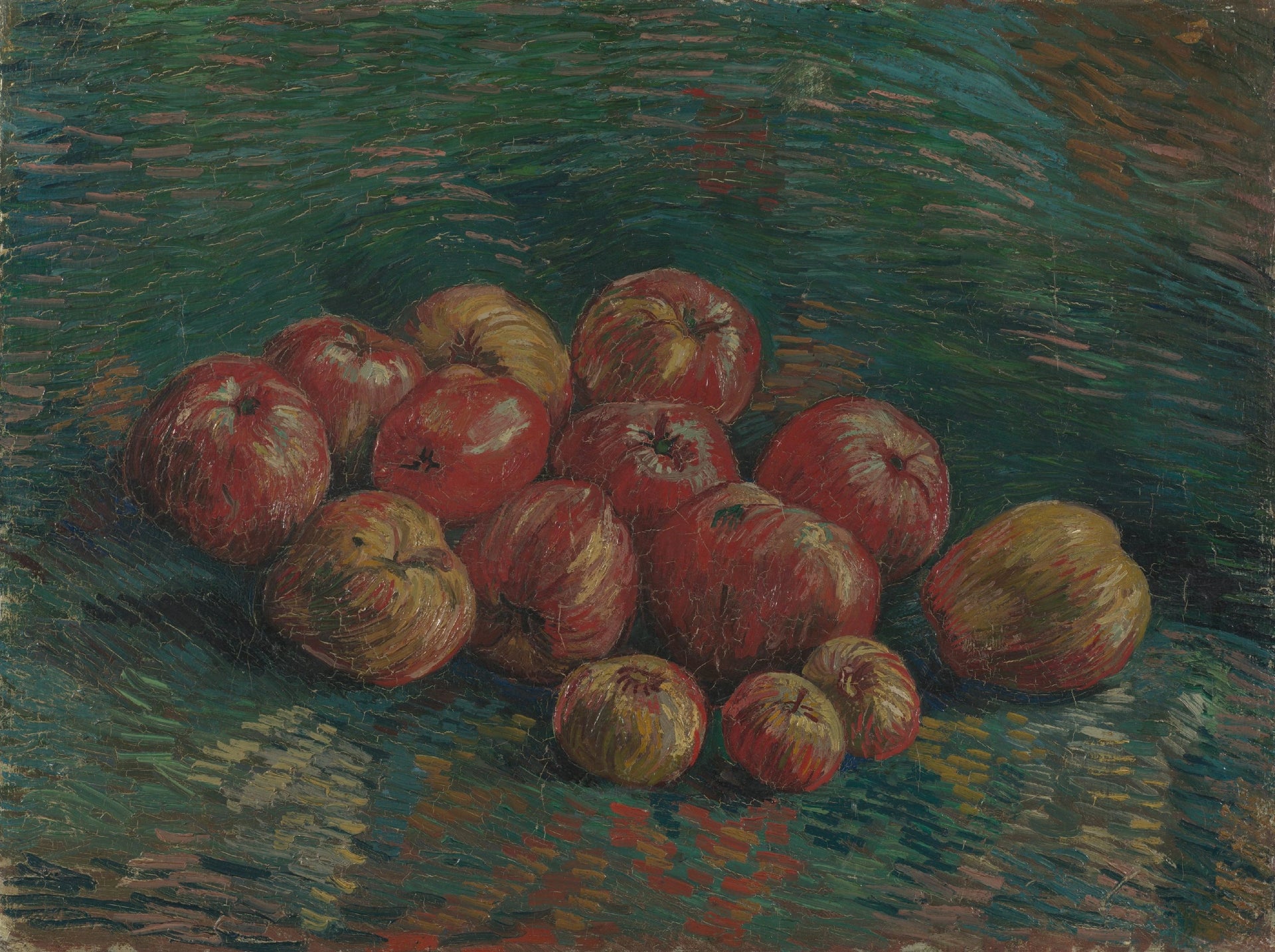 Pommes, F254 — pommes rouges et jaunes sur un fond bleu vert sombre peintes par Vincent van Gogh
