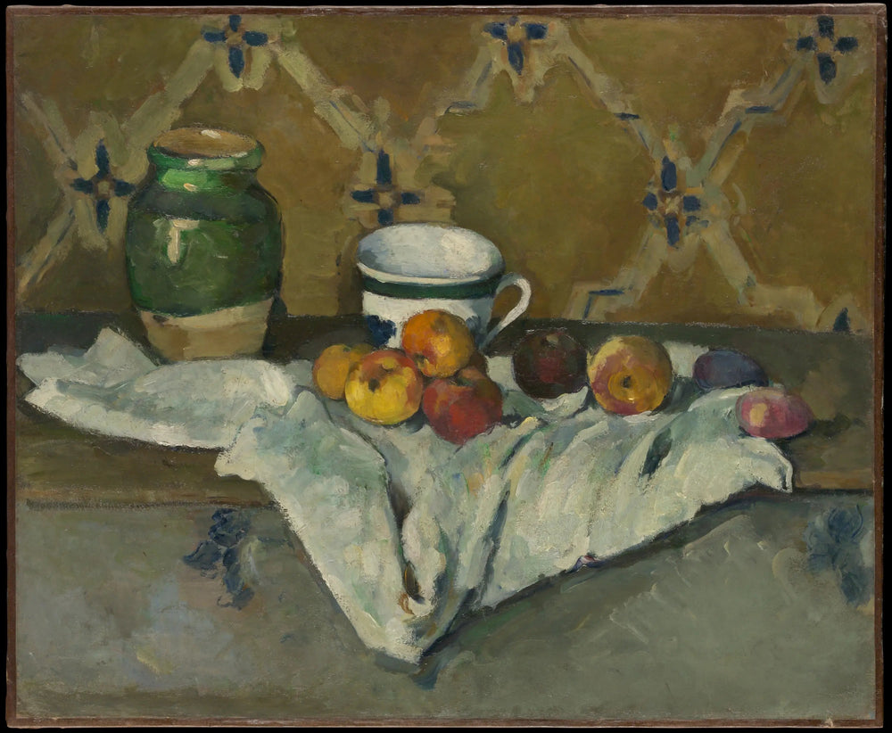 Poterie, tasse et fruits sur une nappe blanche - Paul Cézanne image 1 reproduction d’œuvre d’art à l’huile