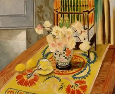 Reproduction du tableau « Roses jaunes avec cage de perruches - Henri Matisse » par Alpha Reproduction en peinture à l’huile