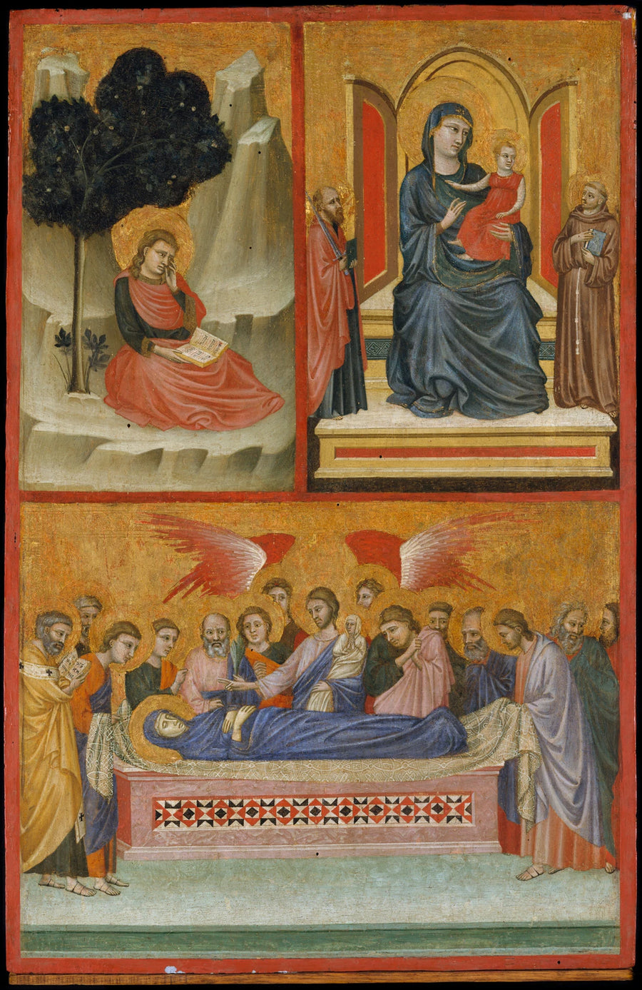 Saint John on Patmos, Madonna and Child Enthroned, and Death of the Virgin; The Crucifixion - Pacino di Bonaguida