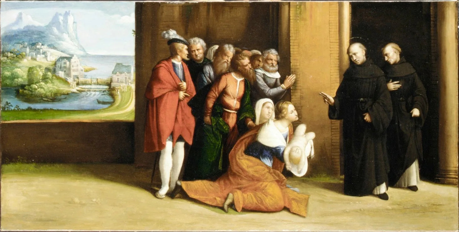 Saint Nicolas de Tolentino ressuscitant un enfant - Benvenuto Tisi image 1 copie peinte à la main à l’huile