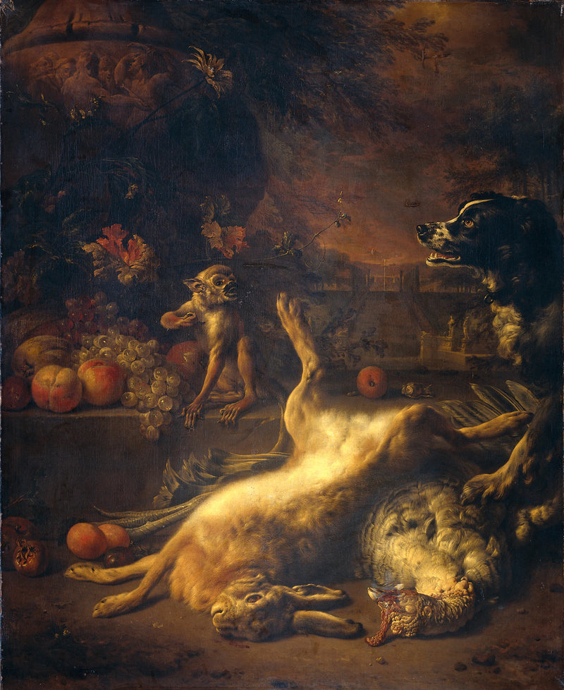 Un singe et un chien avec du gibier mort et des fruits - Jan Weenix