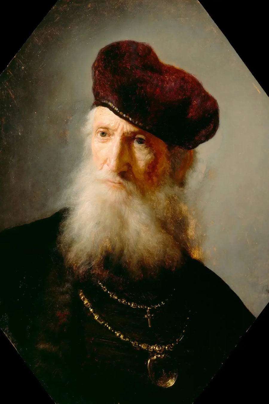 ראשו של איש זקן עם זקן חבוש בכובע ברט גבוה - רמברנדט