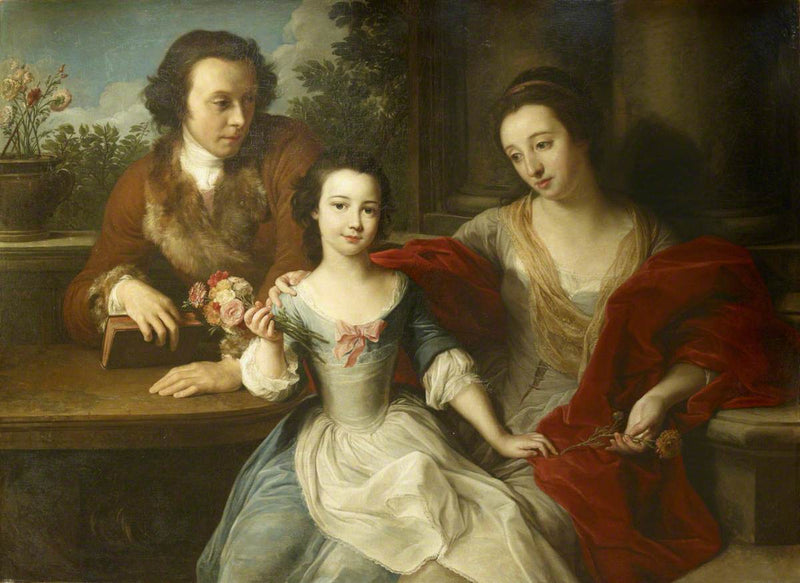 תומאס בארט-לנארד (1717–1786), עתיד הלורד דקר ה-17, עם אשתו, אנה מריה פרט (נפטרה ב-1806), ובתם, ברברה אן - פומפו בטוני