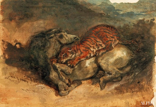 Tigre attaquant un cheval - Eugène Delacroix - Reproductions de tableaux et peintures haut de gamme