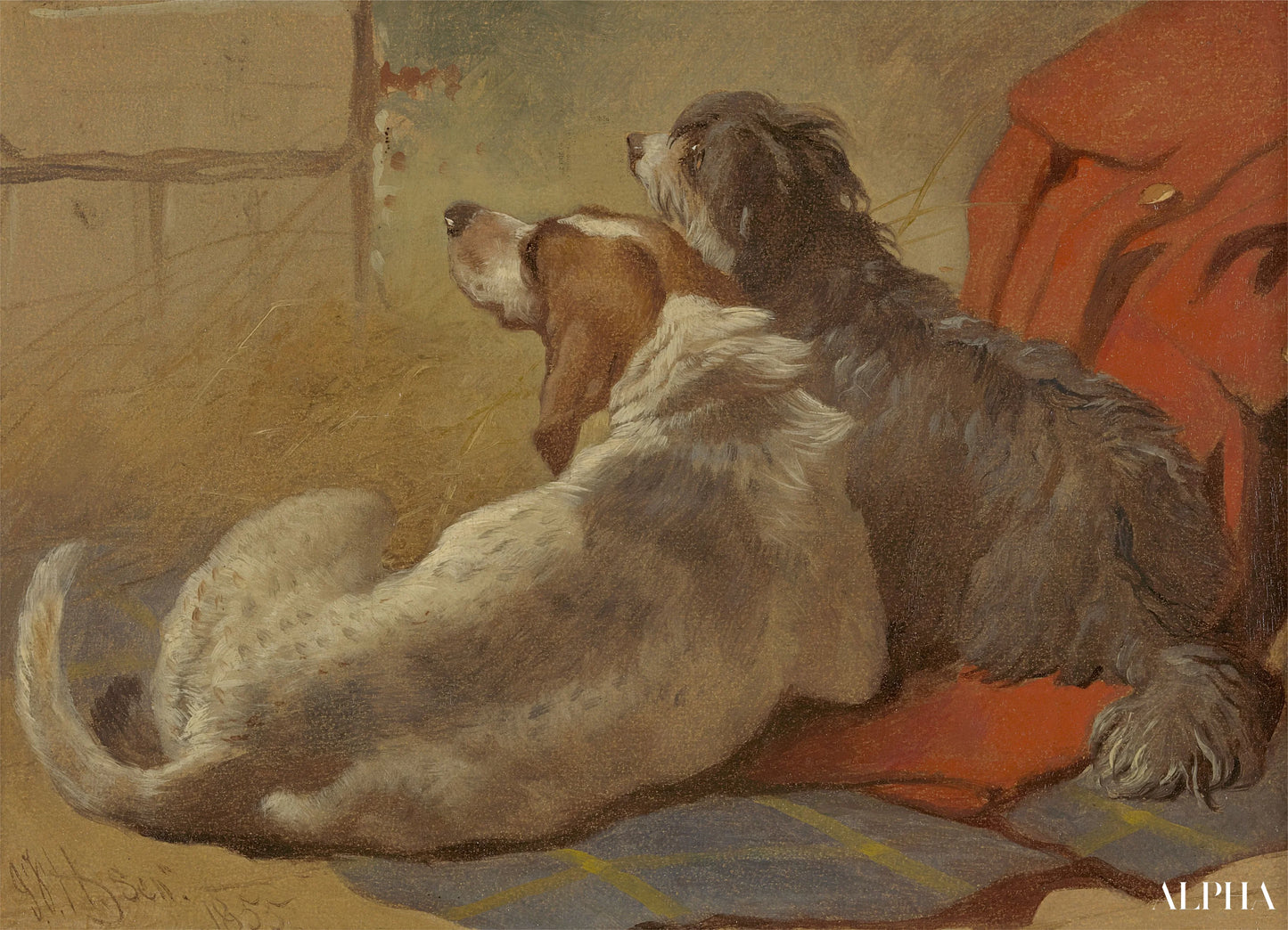 Un chien courant et un colley barbu assis sur un manteau de chasse - John Frederick Herring Snr - Reproductions de tableaux et peintures haut de gamme