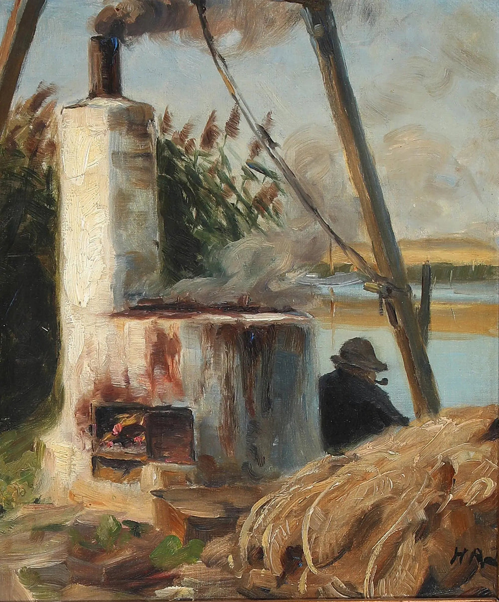 Un homme assis devant le four fumant. - H. A. Brendekilde - Alpha Reproduction
